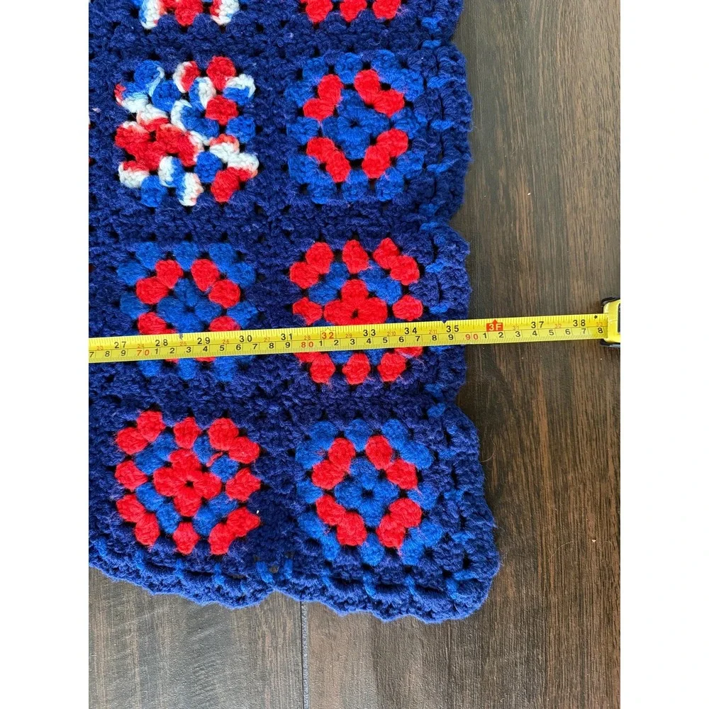 VTG Handmade Patriotic Granny Square Blanket Red White Blue Crochet Afghan 35x50
